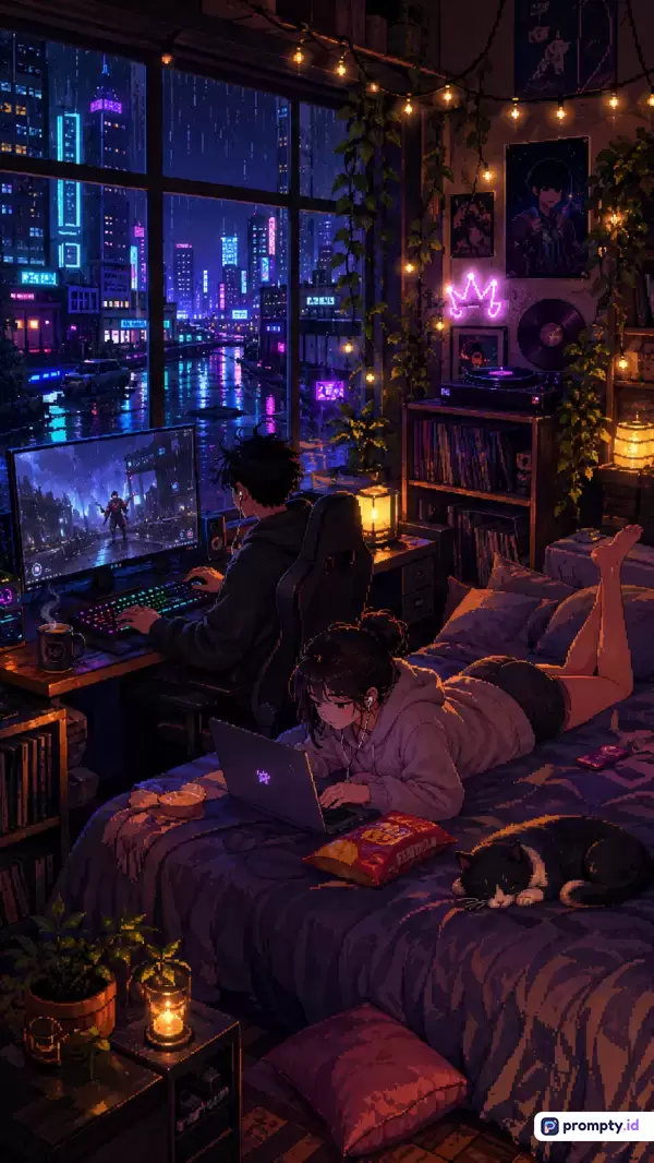 Gambar beraliran seni piksel (pixel art) bertema lo-fi yang menampilkan suasana kamar tidur nyaman di malam hari yang hujan dengan pemandangan kota cyberpunk di luar jendela, di mana seorang pria bermain game di komputer dan seorang wanita mengetik di laptop di atas tempat tidur bersama seekor kucing tidur, didominasi oleh kata kunci estetik, hujan, malam, cyberpunk, dan santai, dengan tiga warna dominan yaitu biru gelap, ungu tua, dan jingga hangat.