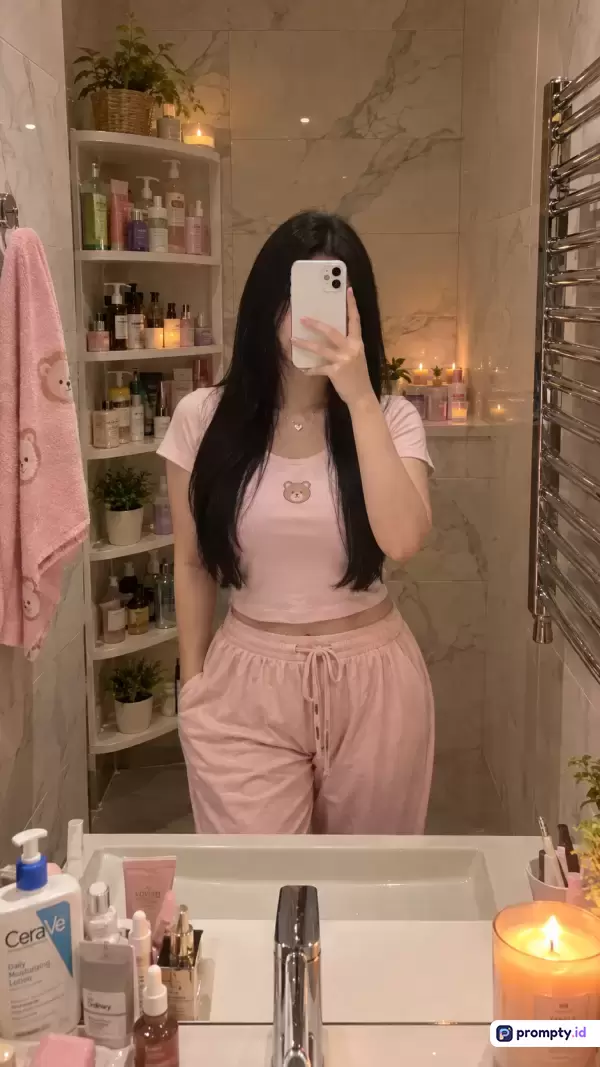 Gambar bergaya swafoto kasual ini menampilkan seorang wanita berambut hitam panjang mengenakan baju dan celana piyama serba merah muda dengan motif beruang, berpose di kamar mandi estetik berlatar rak produk perawatan kulit, lilin aromaterapi, dan wastafel, serta memiliki kata kunci piyama merah muda, swafoto cermin, perawatan diri, kamar mandi estetis, dan wanita berambut hitam dengan tiga warna dominan yaitu merah muda, putih, dan cokelat.