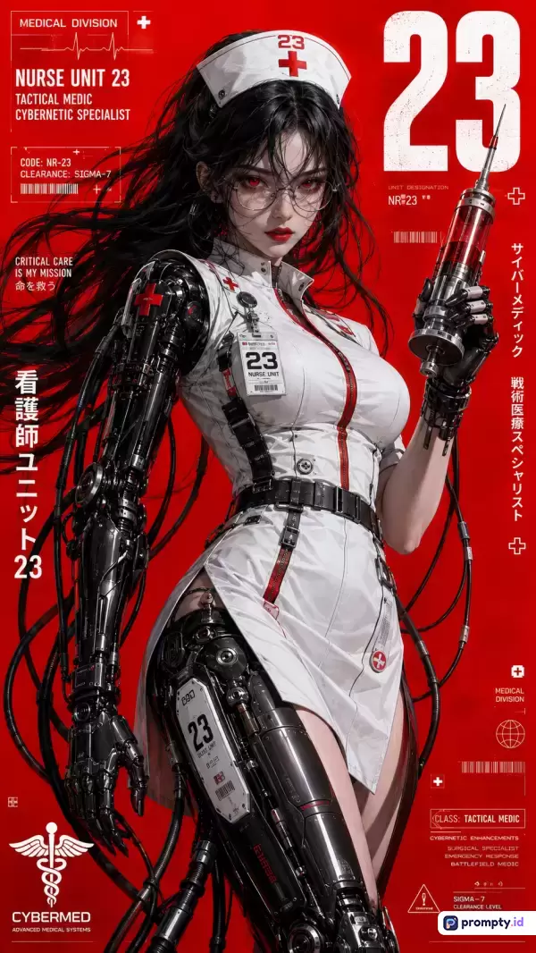 Gambar bergaya anime digital futuristik ini menampilkan konten seorang perawat sibernetik berambut hitam dengan lengan dan kaki robotik yang memegang jarum suntik, dikelilingi teks tipografi medis berbahasa Inggris dan Jepang dengan latar belakang dominan warna merah menyala, putih, dan hitam, serta kata kunci: perawat sibernetik, fiksi ilmiah, medis taktis, anime sci-fi, dan cyborg.
