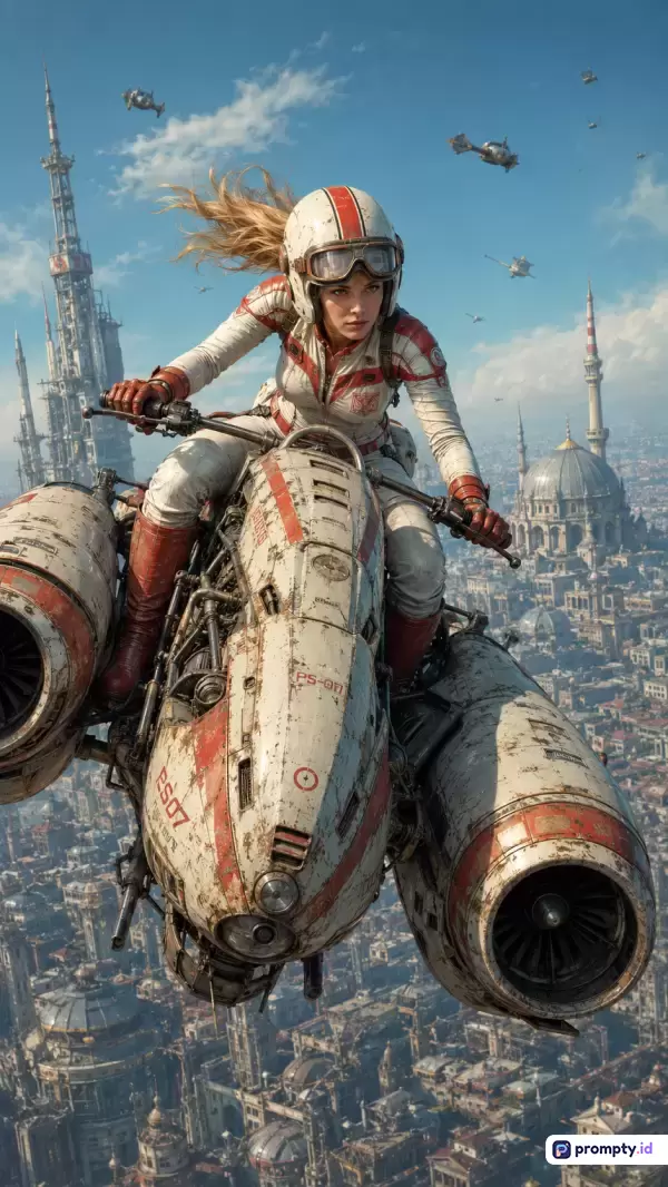 Gambar dengan gaya sinematik retro-futuristik ini menampilkan konten seorang wanita berambut pirang mengenakan pakaian balap putih beraksen merah dan helm vintage sedang mengendarai motor terbang bertenaga jet di atas kota futuristik dengan arsitektur klasik, yang dihiasi kata kunci fiksi ilmiah, aviasi, dan petualangan, serta didominasi oleh warna putih, merah, dan biru langit.