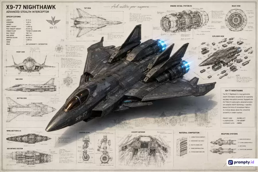 Gambar dengan gaya cetak biru teknis sketsa futuristik fiksi ilmiah berwarna abu-abu dan krem ini menampilkan ilustrasi detail jet tempur siluman X9-77 Nighthawk beserta spesifikasi, diagram tampak, detail mesin, dan skema senjata.
