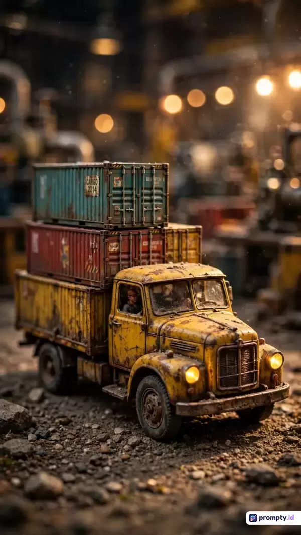 Gambar bergaya fotografi makro sinematik ini menampilkan miniatur truk kargo tua berwarna kuning yang membawa tumpukan kontainer warna-warni di atas medan berbatu dengan latar belakang pabrik industrial yang buram, didominasi oleh kata kunci truk miniatur, kontainer, dan industri, menggunakan skema warna kuning, merah, dan hijau, serta memancarkan suasana nostalgia yang hangat.