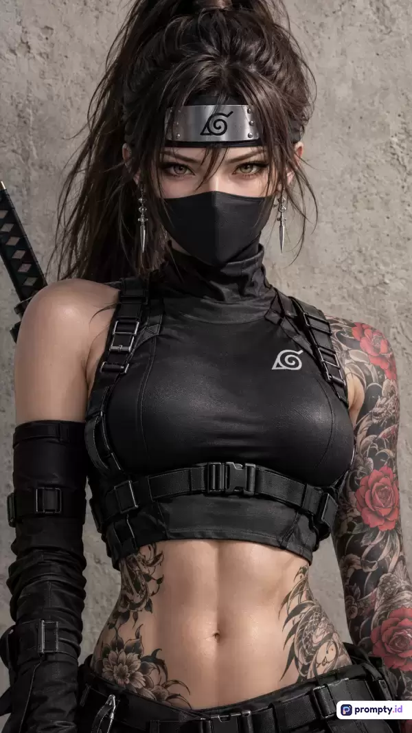Gambar bergaya seni digital realistik ini menampilkan seorang kunoichi (ninja wanita) bergaya modern dengan rambut dikuncir kuda, mengenakan masker wajah, ikat kepala, dan pakaian taktis hitam bertema Naruto, dengan latar belakang dinding beton polos, serta dihiasi tato bunga mawar merah dan hitam di lengan serta pinggangnya, dengan kata kunci: ninja wanita, kunoichi, Naruto, estetika gelap, tato, seni digital; dan tiga warna dominan yaitu hitam, abu-abu, dan merah.