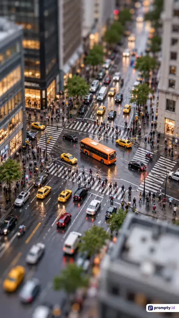 Gambar ini menggunakan gaya fotografi diorama tilt-shift yang menampilkan konten pemandangan jalanan kota yang sibuk dengan lalu lintas mobil, taksi kuning, dan pejalan kaki, serta memiliki kata kunci perkotaan, miniatur, kemacetan, dan hujan, dengan palet warna dominan abu-abu, kuning, dan oranye.