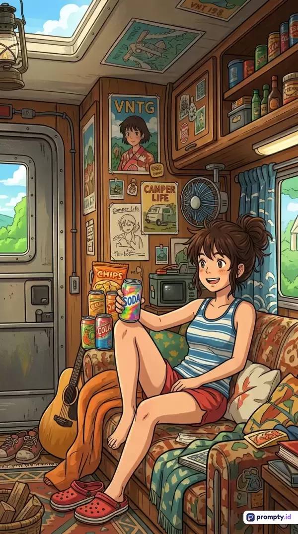 Gambar bergaya ilustrasi anime klasik ini menampilkan konten seorang wanita muda yang sedang bersantai di dalam interior van camper yang dipenuhi dekorasi vintage, gitar, dan makanan ringan, dengan dominasi warna cokelat kayu, biru langit, dan merah bata, serta menggunakan kata kunci: anime, campervan, santai, vintage, ilustrasi, gadis, estetika, nyaman.