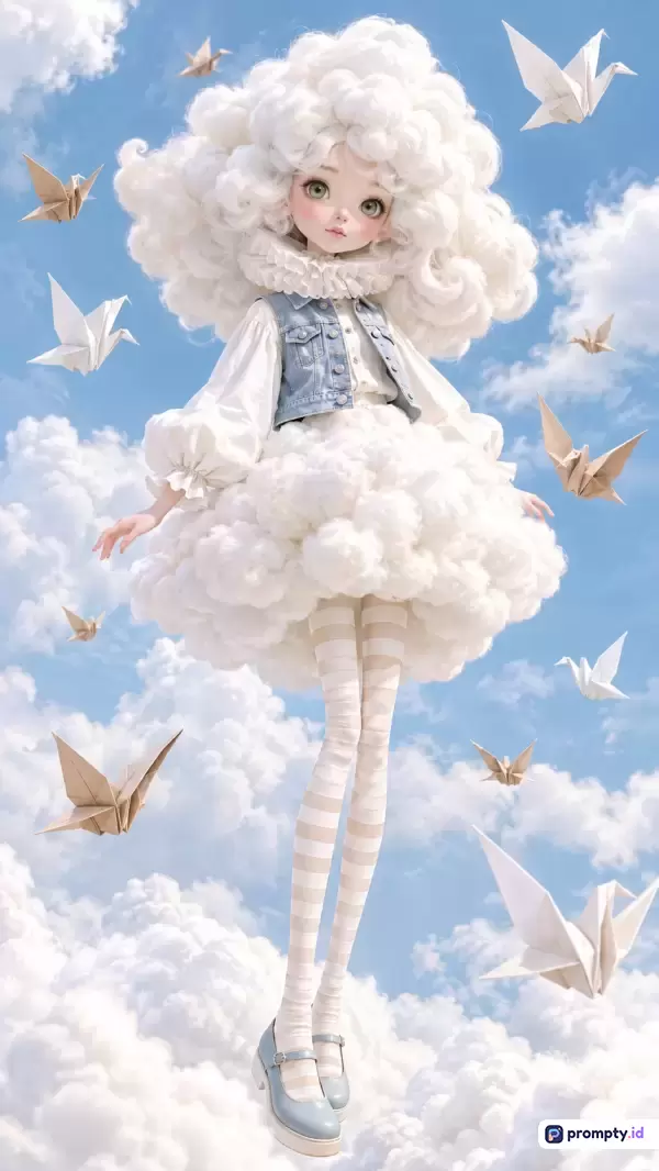 Gambar bergaya seni digital surealis dan fantasi ini menampilkan karakter boneka cantik berambut dan bergaun awan putih yang dikelilingi origami burung bangau di langit biru dengan warna dominan biru langit, putih, dan cokelat muda, serta kata kunci: boneka awan, origami, surealis, fantasi, langit biru, seni digital, estetika.