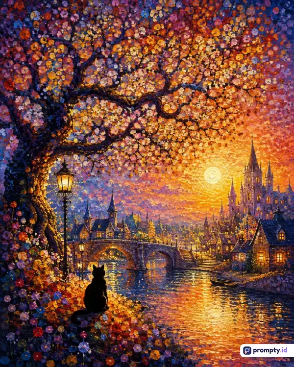 Gambar ini adalah karya seni bergaya impresionisme dengan teknik sapuan kuas tebal (impasto) yang menampilkan pemandangan malam magis di sebuah kota fantasi, berisi konten visual berupa pohon besar berbunga emas-ungu, kucing hitam yang sedang duduk, jembatan tua, sungai yang memantulkan cahaya, dan kastil megah di latar belakang, dengan kata kunci kucing hitam, kastil dongeng, pohon ajaib, malam romantis, dan seni impasto, serta didominasi oleh tiga warna utama yaitu oranye hangat, ungu lembayung, dan hitam pekat.