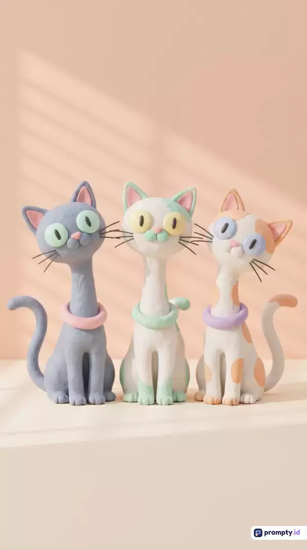 Gambar ini menampilkan patung tiga ekor kucing lucu dengan gaya seni kerajinan tangan dari tanah liat bertekstur matte, berisi konten tiga figur kucing berleher panjang dengan mata bulat besar dan ekspresi menggemaskan, serta kata kunci kucing tanah liat, patung hewan, seni kerajinan, dekorasi lucu, dan estetika pastel, didominasi oleh warna cokelat muda krem, abu-abu kebiruan, dan putih gading.