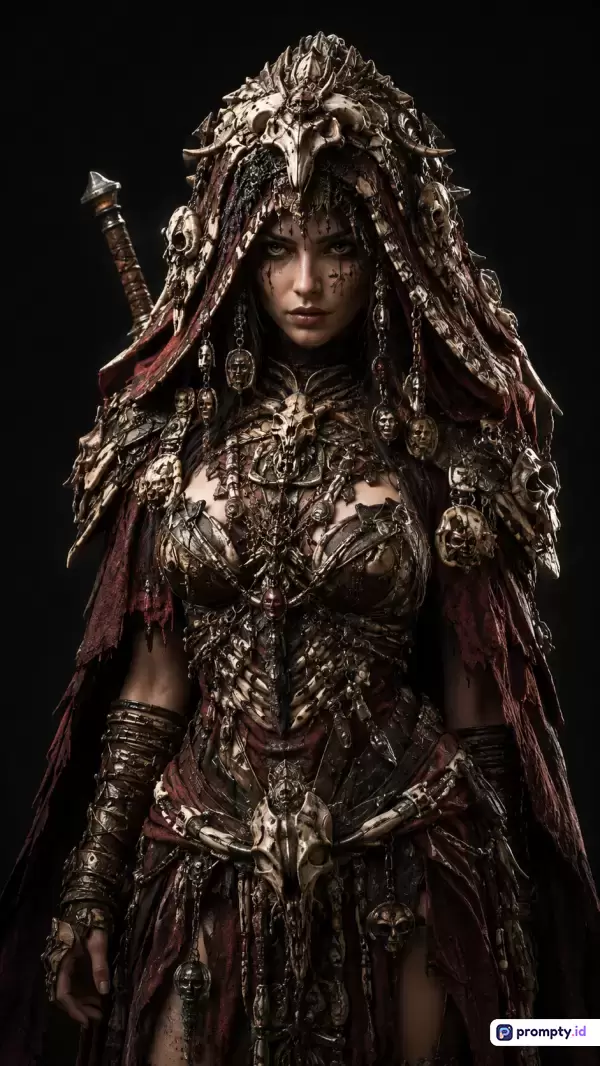 Gambar bergaya fantasi gelap digital art ini menampilkan karakter wanita pejuang suku biadab dengan kostum hiasan tengkorak, jubah merah usang, dan pedang di punggungnya, menggunakan palet warna dominan hitam, cokelat tua, dan merah tua, dengan kata kunci: pejuang wanita, fantasi gelap, tengkorak, suku barbar, gotik, epik.