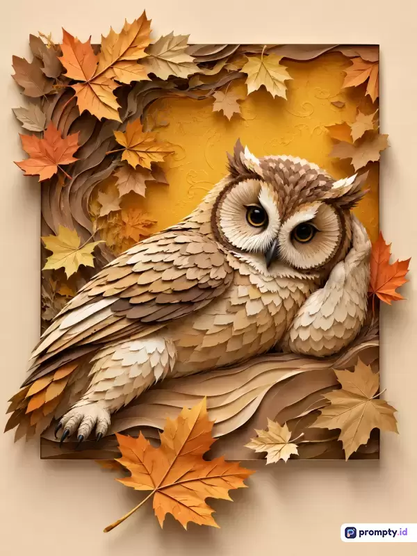 Gambar berformat seni kertas timbul (papercraft) ini menampilkan konten burung hantu cokelat berpose santai di atas dahan dengan latar belakang daun-daun musim gugur yang dihiasi kata kunci burung hantu, seni kertas, musim gugur, dan alam, menggunakan palet warna dominan cokelat tua, kuning jingga, dan krem muda.