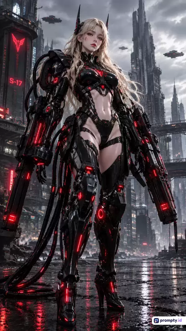Gambar bergaya seni digital fiksi ilmiah bergenre cyberpunk ini menampilkan seorang wanita berambut pirang mengenakan baju zirah mekanik hitam dengan aksen lampu merah yang mencolok, memegang senjata besar di latar belakang kota futuristik yang suram, dengan kata kunci utama wanita cyborg, mecha, distopia, dan senjata futuristik, serta didominasi oleh tiga warna utama yaitu hitam, merah menyala, dan abu-abu gelap.