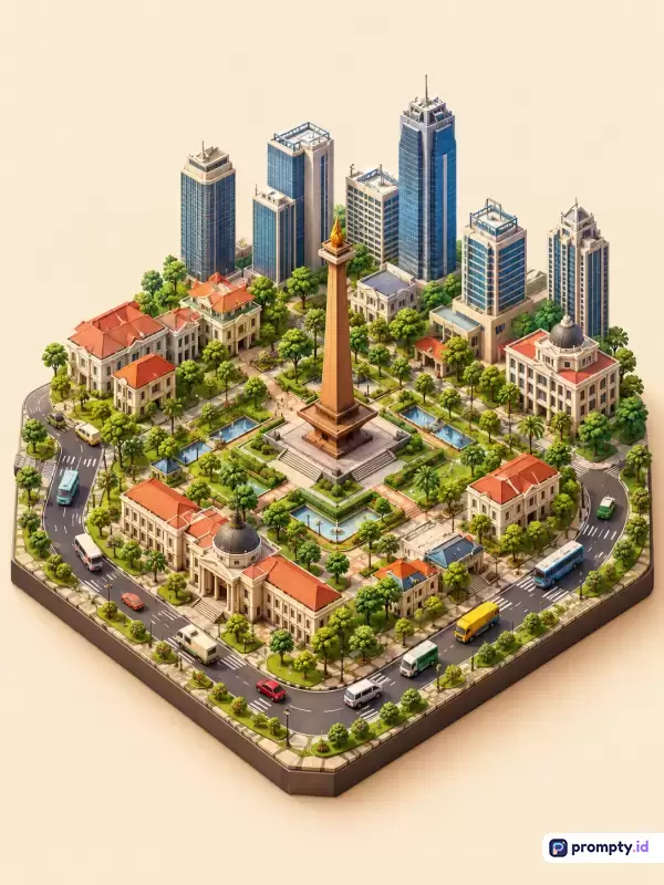 Gambar berstyle diorama isometrik 3D ini menampilkan konten miniatur kota Jakarta dengan fokus pada Monumen Nasional (Monas) yang dikelilingi gedung pencakar langit modern, bangunan kolonial, pepohonan hijau, dan jalanan yang dilalui kendaraan, dengan kata kunci monas, miniatur kota, dki jakarta, isometrik 3d, diorama, arsitektur, perkotaan; menggunakan palet warna dominan biru, hijau, dan krem.