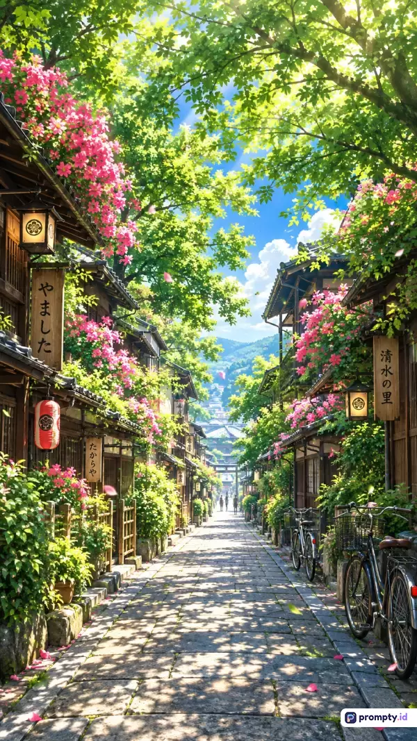 Gambar bergaya ilustrasi anime Makoto Shinkai ini menampilkan lorong jalan batu tradisional Jepang yang asri, dipenuhi rimbunnya pohon hijau, bunga merah muda, dan lentera kayu dengan tiga warna dominan hijau, cokelat, serta merah muda, yang dihiasi kata kunci estetika musim semi, suasana desa damai, lanskap perkotaan, seni digital, dan ketenangan pagi.