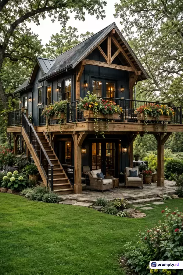 Gambar fotografi arsitektur bergaya modern-pedesaan yang menampilkan rumah kayu dua lantai berwarna gelap dengan balkon penuh bunga gantung, dikelilingi taman hijau subur dan pepohonan rimbun, menggunakan palet warna dominan cokelat kayu, hijau daun, dan hitam arang, serta kata kunci rumah pohon, arsitektur modern, alam, pedesaan, dan lanskap.