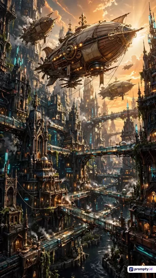 Gambar bergaya digital art fantasi steampunk ini menampilkan pemandangan kota futuristik dengan arsitektur gotik yang padat, dipenuhi kapal udara melayang di langit senja dengan kata kunci steampunk, kota futuristik, kapal udara, arsitektur gotik, fiksi ilmiah, sementara palet warnanya didominasi oleh warna cokelat perunggu, jingga senja, dan hitam arang.
