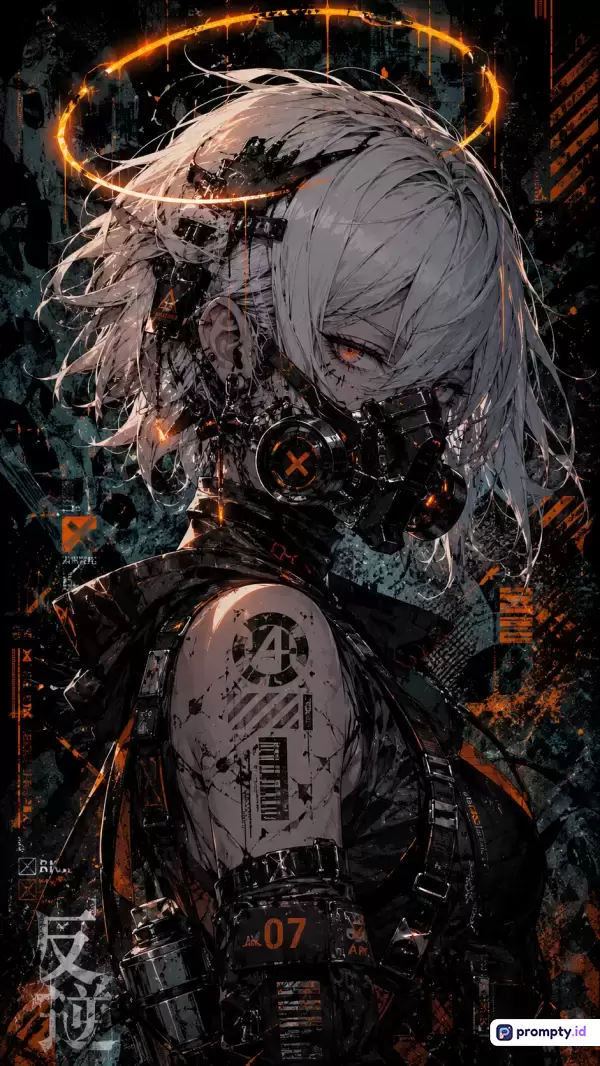 Gambar bergaya anime cyberpunk beresolusi tinggi ini menampilkan konten karakter wanita berambut putih pendek dengan masker gas, halo bercahaya, dan tato mekanis, menggunakan kata kunci fiksi ilmiah, futuristik, distopia, dan sci-fi, didominasi warna hitam, oranye terang, dan abu-abu gelap dengan latar belakang grunge yang kotor.