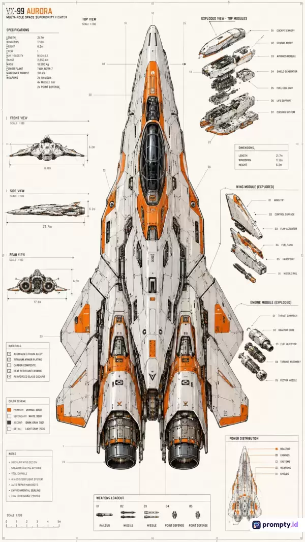 Gambar bergaya skema teknis futuristik ini menampilkan konten infografis detail tentang kapal luar angkasa militer VX-99 Aurora dengan kata kunci pesawat tempur sci-fi, cetak biru, diagram anatomi, dan spesifikasi teknologi, serta didominasi oleh warna putih, jingga, dan abu-abu gelap.