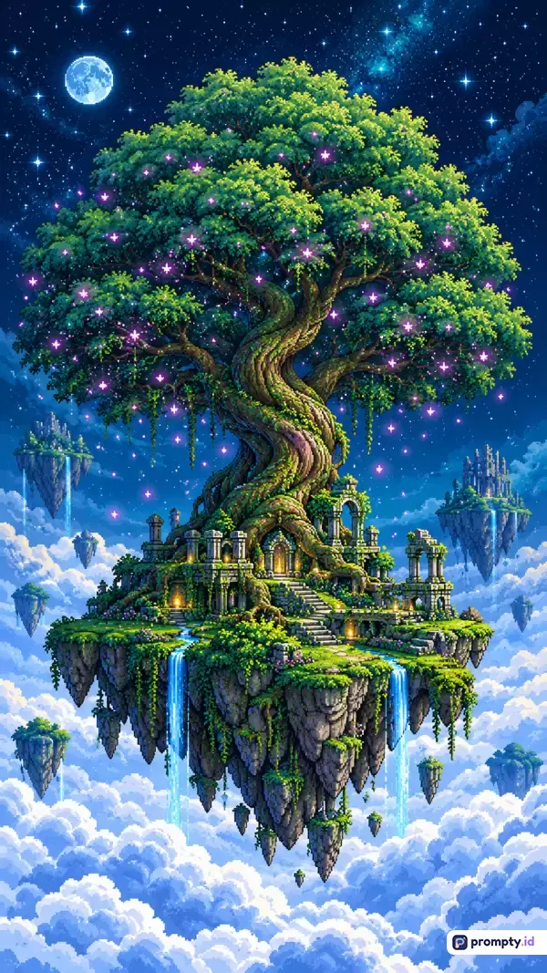 Gambar bergaya *pixel art* digital beresolusi tinggi ini menampilkan pemandangan fantasi pulau melayang di atas awan dengan pohon raksasa bercahaya, reruntuhan kuno, air terjun, dan latar langit malam berbintang, dengan kata kunci pohon kehidupan, pulau terapung, fantasi, piksel art, malam berbintang, dan air terjun, serta didominasi oleh warna biru tua, hijau daun, dan putih.