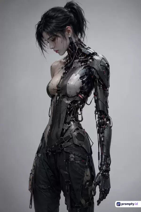 Gambar bergaya ilustrasi digital sci-fi ini menampilkan konten cyborg wanita berambut hitam dengan gaya rambut kuncir kuda, menonjolkan detail mekanis yang rumit, dengan kata kunci: cyborg, futuristik, robotik, sci-fi, dan ilustrasi digital, didominasi oleh warna abu-abu, hitam, dan putih.