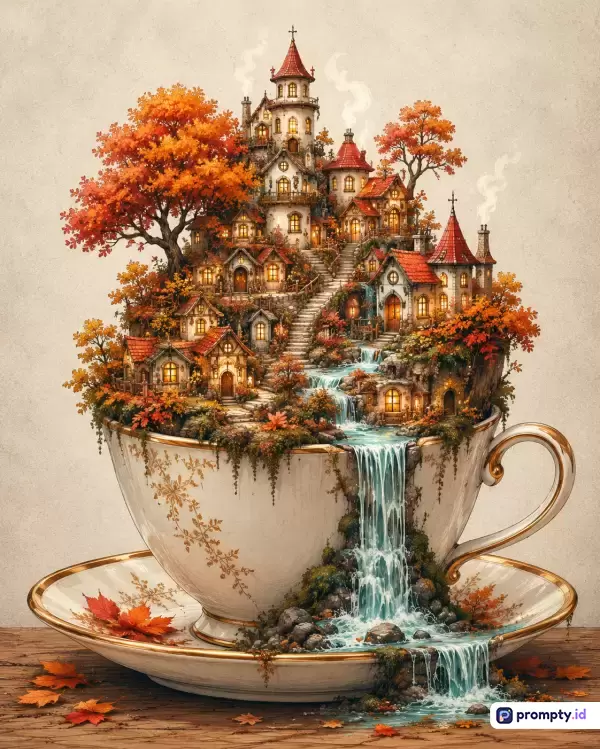 Gambar dengan gaya ilustrasi digital fantasi surealis ini menampilkan konten desa miniatur dongeng musim gugur yang bertengger di dalam cangkir porselen putih dengan air terjun yang tumpah ke piringannya, dikuratori dengan kata kunci desa miniatur, cangkir teh, air terjun, musim gugur, fantasi, surealis, dan dongeng, serta didominasi oleh palet warna jingga, putih, dan cokelat.