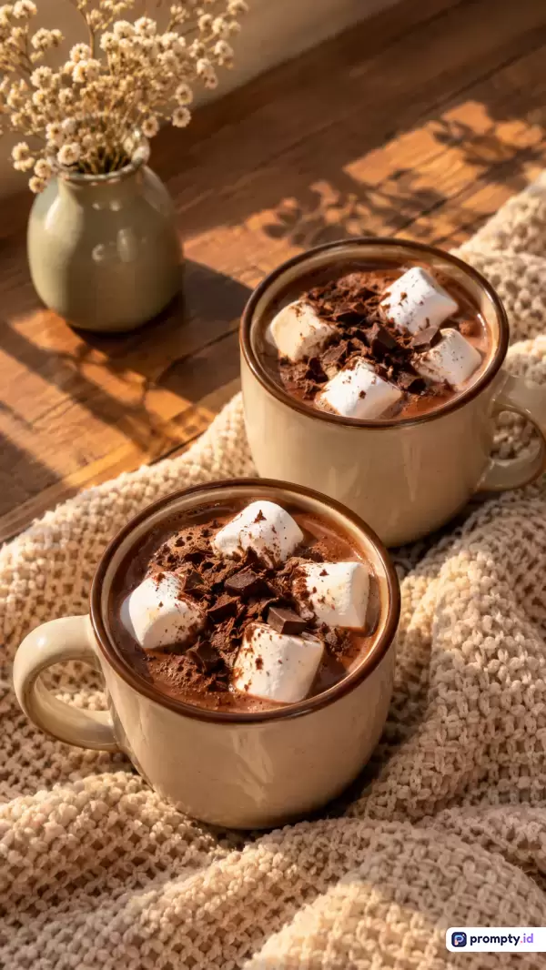 Gambar fotografi bergaya estetika hangat ini menampilkan konten dua cangkir cokelat panas bertabur marshmallow dan serutan cokelat di atas selimut rajut krem dengan latar vas bunga kering, menggunakan kata kunci cokelat panas, marshmallow, musim dingin, estetika, dan hangat, serta didominasi oleh tiga warna yaitu cokelat, krem, dan putih.