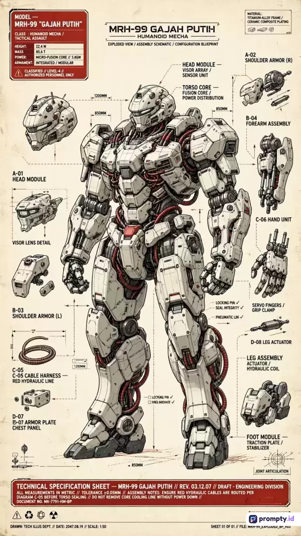 Gambar skema teknis bergaya ilustrasi manual futuristik ini menampilkan konten robot mecha humanoid berlabel MRH-99 Gajah Putih dengan tiga warna dominan krem, merah tua, dan hitam, serta kata kunci mecha, sci-fi, blueprints, robot, teknik, diagram, dan militer.