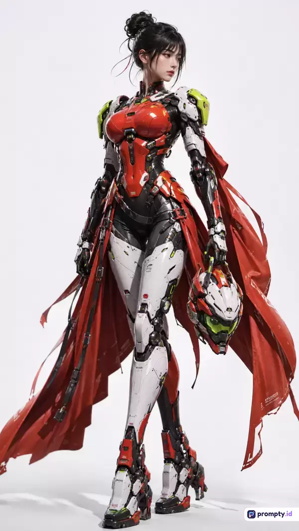 Gambar berstyle fiksi ilmiah (sci-fi) dan digital art ini menampilkan karakter wanita cyborg berambut hitam dengan gaya rambut sanggul, mengenakan pakaian tempur mecha futuristik berwarna merah, putih, dan hitam sambil memegang helm, yang dikategorikan dengan kata kunci wanita cyborg, mecha, sci-fi, fiksi ilmiah, pakaian tempur, robot, masa depan, dan seni digital, serta didominasi oleh tiga warna utama yaitu merah, putih, dan hitam.