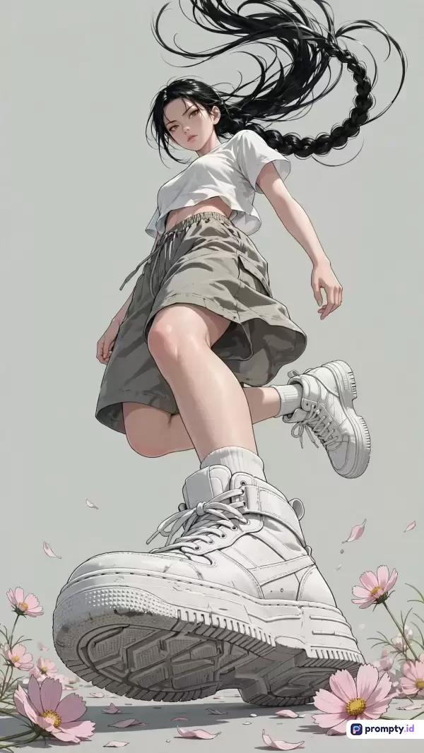 Gambar bergaya ilustrasi anime digital dengan teknik sudut pandang rendah (low-angle shot) ini menampilkan konten seorang gadis berambut hitam dikepang panjang yang mengenakan kaos putih, celana pendek abu-abu, dan sepatu putih besar yang melangkah di atas bunga merah muda, dengan kata kunci: anime, low-angle, streetstyle, sepatu besar, bunga cosmos, dan tiga warna dominan yaitu putih, abu-abu, dan merah muda.
