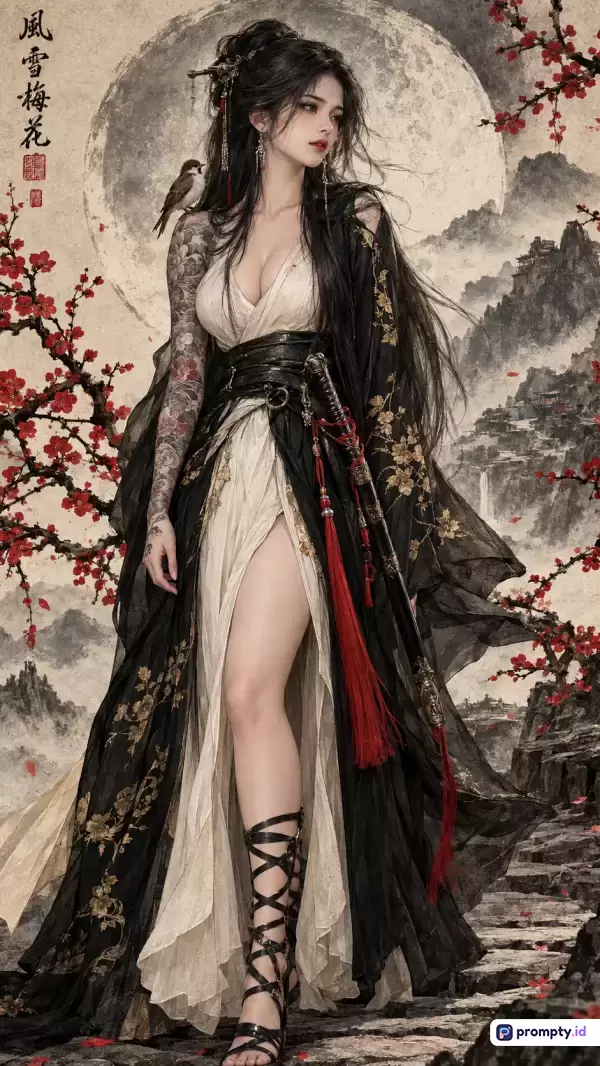 Gambar dengan gaya lukisan tradisional Tiongkok bercampur fantasi modern ini menampilkan seorang wanita cantik berambut hitam panjang mengenakan hanfu hitam-putih bertato, membawa pedang dan burung, dengan latar belakang pemandangan gunung berkabut, bulan purnama, dan bunga plum merah; kata kunci: wanita, prajurit, hanfu, tato, pedang, burung, tradisi Tiongkok, fantasi, lukisan tinta, pegunungan; tiga warna dominan: hitam, putih, dan merah.