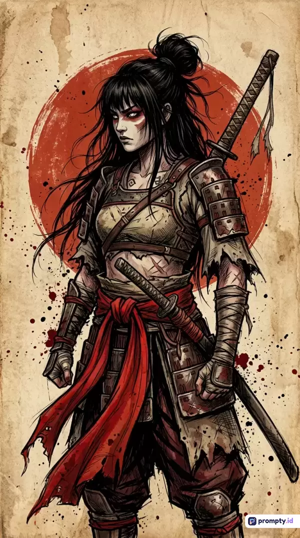 Gambar bergaya ilustrasi komik gelap dengan garis tinta tebal ini menampilkan konten seorang prajurit wanita samurai berambut hitam dengan pedang katana dan baju zirah rusak berlatar belakang lingkaran merah matahari terbit dan tekstur kertas kuno, dengan kata kunci samurai wanita, prajurit katana, ilustrasi komik, seni gelap, prajurit jepang, dan warna dominan merah tua, krem kecoklatan, serta hitam arang.