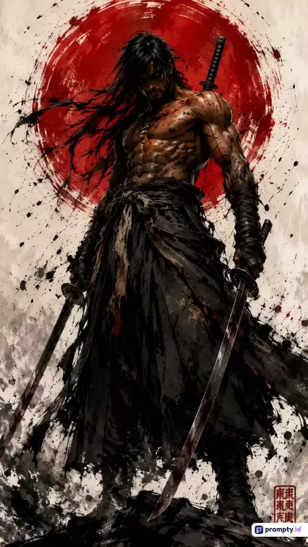 Gambar dengan gaya ilustrasi tinta sumi-e dan fantasi gelap ini menampilkan konten seorang pendekar samurai pria berotot bertelanjang dada dengan rambut hitam panjang yang memegang dua pedang katana di latar belakang lingkaran merah besar bergaya bendera Jepang, dengan dominasi warna merah, hitam, dan putih, serta kata kunci samurai, katana, prajurit, tinta, dan Jepang.