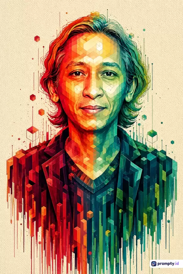 Gambar potret digital bergaya low-poly dengan elemen glitch dan kubisme ini menampilkan seorang pria berambut panjang dengan palet warna kontras merah, kuning, dan hijau di atas latar belakang krem, menghasilkan kesan futuristik, artistik, dan modern yang kaya akan tekstur geometris.