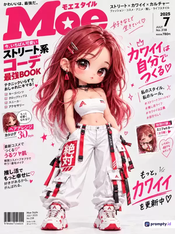 Gambar sampul majalah bertuliskan Moe edisi Juli 2025 ini mengusung gaya visual anime 3D digital interaktif yang menampilkan karakter boneka wanita berambut merah panjang dengan pakaian *streetwear* putih bercorak merah, dipenuhi teks bahasa Jepang sebagai kata kunci mode, serta didominasi oleh warna merah, putih, dan hitam.