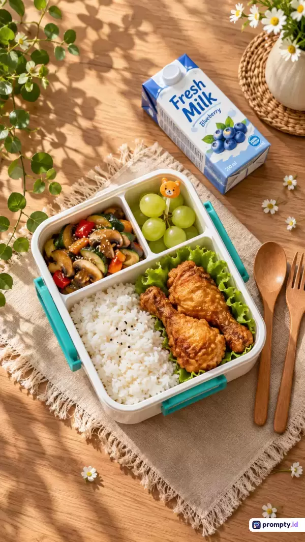 Foto bergaya komersial *flat lay* dari atas ini menampilkan kotak makan siang berisi nasi putih, ayam goreng tepung, tumis jamur sayuran, dan buah anggur hijau, ditemani sekotak susu blueberry dan alat makan kayu di atas meja kayu berpencahayaan hangat alami, dengan tiga warna dominan yaitu cokelat kayu, hijau daun, dan putih bersih, serta kata kunci: kotak makan siang, bento sehat, ayam goreng, susu blueberry, dan fotografi makanan.