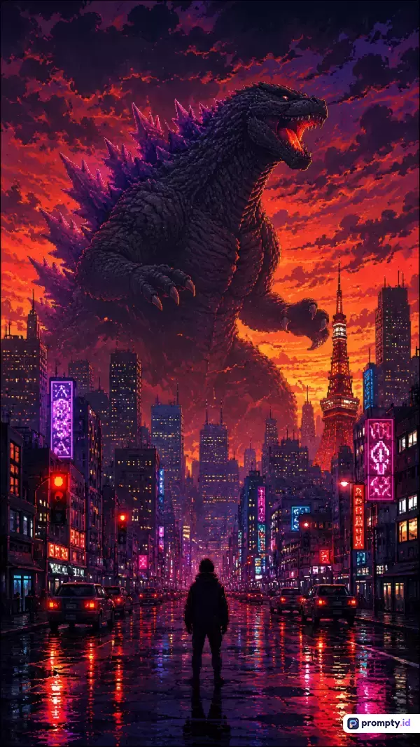 Gambar bergaya seni piksel retro-futuristik ini menampilkan monster raksasa mirip Godzilla yang menjulang megah di atas lanskap perkotaan Tokyo yang dipenuhi lampu neon menyala, dengan latar langit senja dramatis berwarna merah menyala dan siluet seseorang berdiri di jalan basah yang memantulkan cahaya; kata kunci: Godzilla, seni piksel, monster raksasa, Tokyo, cyberpunk, lampu neon, senja merah, sci-fi, kaiju, perkotaan; dan tiga warna dominannya adalah merah menyala, ungu gelap, dan hitam pekat.