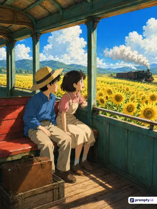 Gambar dengan gaya ilustrasi anime khas Studio Ghibli ini menampilkan dua anak yang duduk di dalam gerbong kereta kayu tua, dengan konten pemandangan hamparan ladang bunga matahari yang cerah dan kereta uap di kejauhan, serta didominasi oleh warna biru langit, kuning bunga matahari, dan hijau toska, dengan kata kunci petualangan musim panas, nostalgia, kereta uap, dan Ghibli.