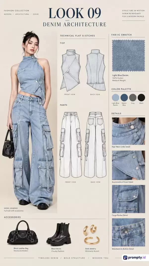 Gambar berstyle lembar presentasi desain fesyen modern ini menampilkan koleksi Look 09 Denim Architecture yang berisi foto model mengenakan pakaian denim, sketsa teknis busana, sampel kain, detail pakaian, serta aksesoris pelengkap berupa tas, sepatu bot, dan perhiasan emas, dengan kata kunci fesyen, denim, arsitektur, sketsa, dan katalog, didominasi oleh warna biru denim, krem, dan hitam.