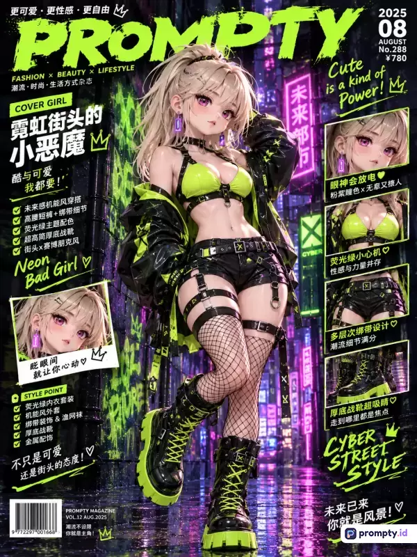 Gambar bergaya anime digital 3D modern ini menampilkan seorang gadis berambut pirang dengan pakaian jalanan masa depan yang edgy, dikelilingi teks majalah berbahasa Mandarin, menggunakan kata kunci fesyen, gaya siber, majalah, dan anime, dengan dominasi palet warna hijau neon, hitam, dan ungu.