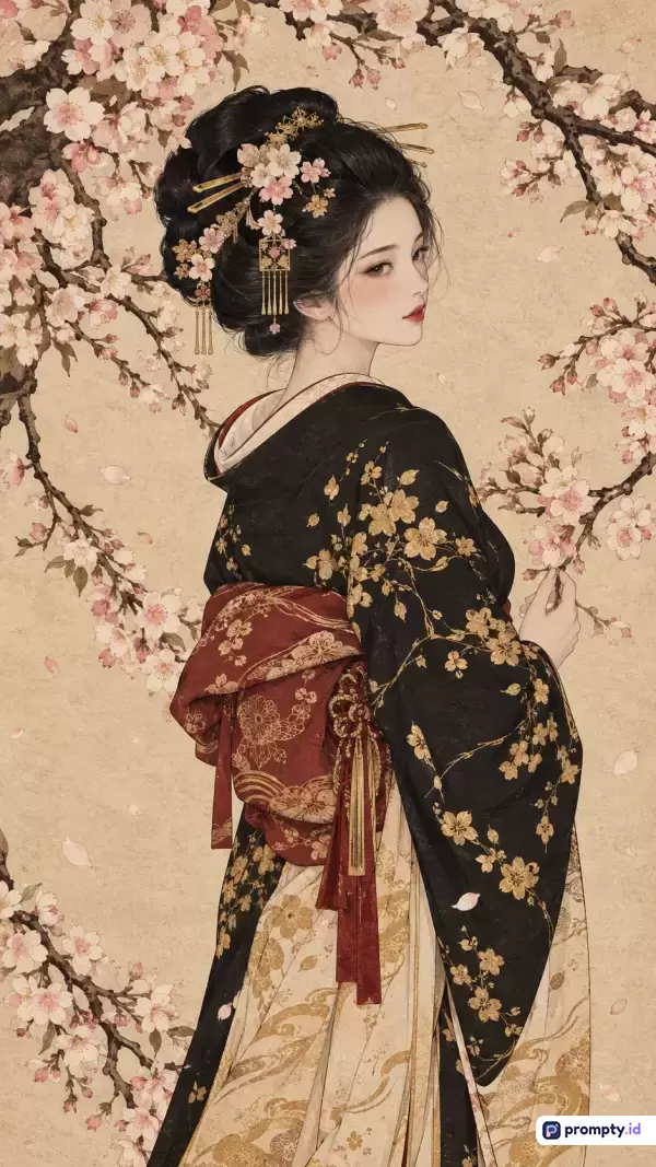 Gambar bergaya ilustrasi digital tradisional ini menampilkan wanita Asia berambut sanggul anggun dengan hiasan bunga, mengenakan kimono hitam bermotif emas dan obi merah marun, berlatar pohon sakura mekar dengan dominasi warna krem, hitam, dan merah marun yang merepresentasikan keindahan estetika klasik serta budaya oriental.