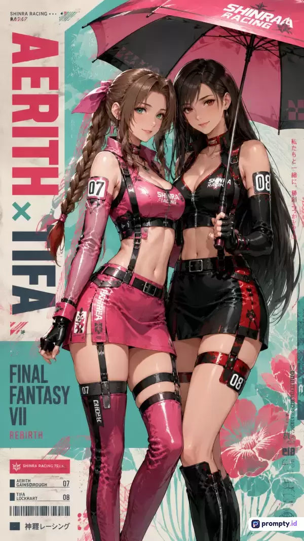 Ilustrasi digital bergaya anime yang menampilkan dua karakter wanita, Aerith dan Tifa dari Final Fantasy VII, dalam balutan kostum balap bertema Shinra Racing dengan payung merah besar, menggunakan palet warna dominan merah muda, hijau pirus, dan hitam, serta dihiasi teks tipografi modern dan kata kunci seperti Final Fantasy, Aerith Gainsborough, Tifa Lockhart, anime art, dan racing girl.