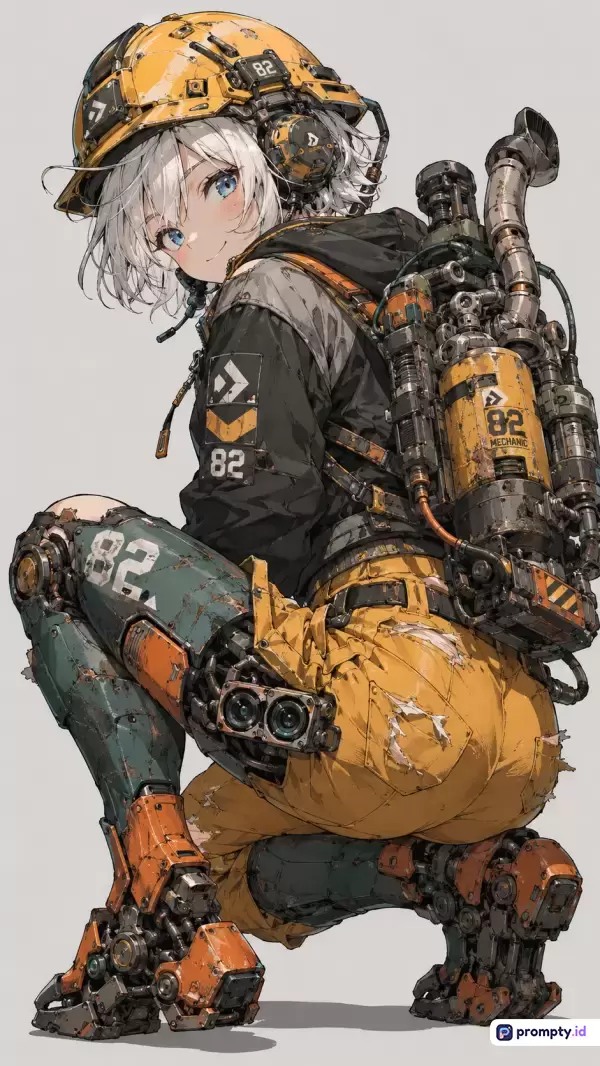 Gambar bergaya anime modern ini menampilkan konten karakter wanita berambut putih berambut pendek dengan mata biru, mengenakan helm kuning industri, jaket hitam, celana oranye robek, dan kaki prostetik mekanis futuristik berkarat sambil membawa ransel mesin yang rumit, dengan dominasi warna kuning, hitam, dan abu-abu, serta kata kunci: gadis anime, mekanik sci-fi, cyberpunk, prostetik, steampunk, industrial, karakter fiksi, ilustrasi digital.