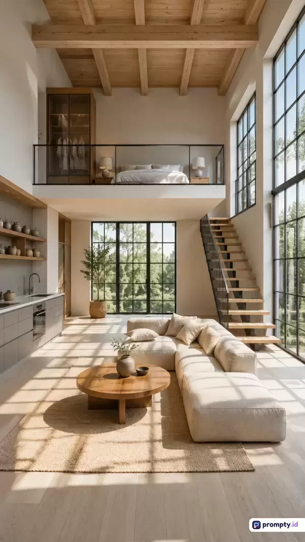 Gambar ini menampilkan interior ruang tamu bergaya modern minimalis dengan sentuhan skandinavia, yang menampilkan konten berupa sofa sudut krem besar, meja kopi bundar dari kayu, dan langit-langit tinggi berbalok kayu ekspos, serta dihiasi dengan kata kunci desain interior, loft modern, pencahayaan alami, dan ruang terbuka, didominasi oleh warna krem, cokelat kayu, dan putih terang.