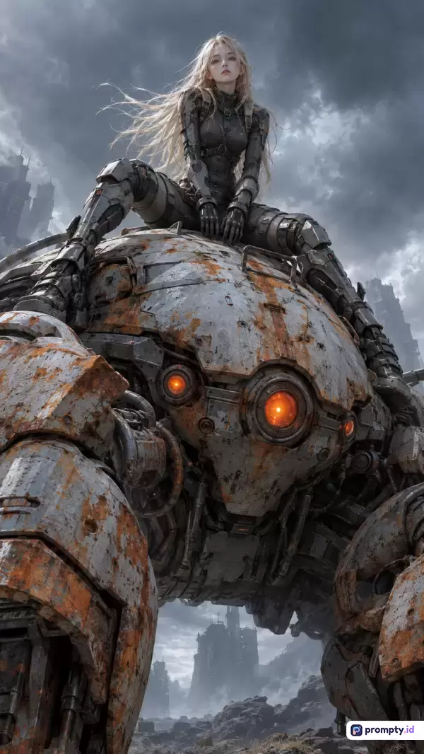 Gambar bergaya seni digital fiksi ilmiah (sci-fi art) yang menampilkan seorang wanita berambut pirang panjang mengenakan pakaian taktis gelap di atas robot tempur raksasa berkarat dengan latar belakang reruntuhan kota, menggunakan palet warna abu-abu, oranye, dan hitam, serta memiliki kata kunci wanita futuristik, robot, mecha, pascakiamat, dan perang.