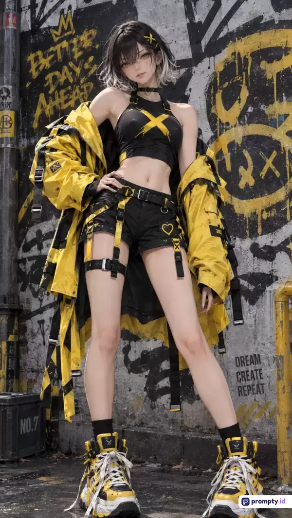 Gambar bergaya anime modern beresolusi tinggi ini menampilkan seorang gadis berambut pendek dua warna (hitam dan putih) mengenakan pakaian jalanan futuristik bertema hitam dan kuning, berpose percaya diri di depan dinding grafiti urban, dengan tiga warna dominan yaitu kuning, hitam, dan abu-abu, serta kata kunci: gadis anime, gaya jalanan, futuristik, grafiti, hitam dan kuning.