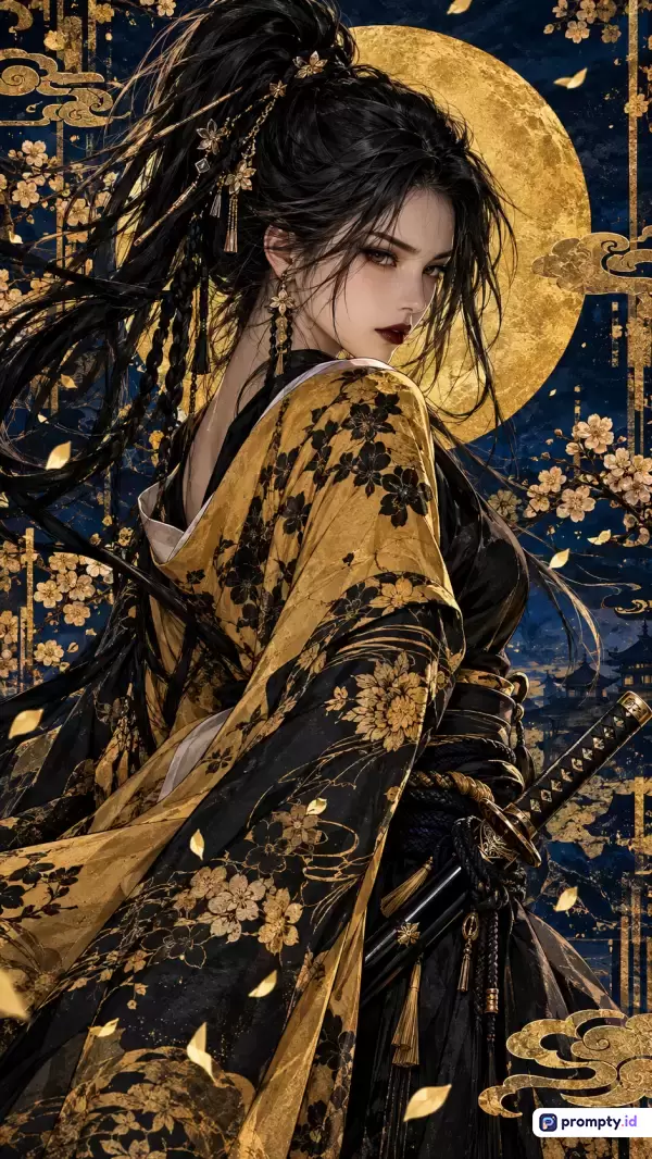 Gambar digital bergaya seni fantasi gelap bertema tradisional Asia ini menampilkan seorang wanita anggun berambut hitam panjang dengan hiasan rumit dan kimono hitam bermotif bunga emas, berlatar belakang malam bercahaya bulan purnama serta bunga sakura dengan dominasi warna hitam, emas, dan biru tua, yang merepresentasikan kata kunci pendekar wanita, fantasi oriental, estetika gulungan gulung kuno, dan seni digital elegan.