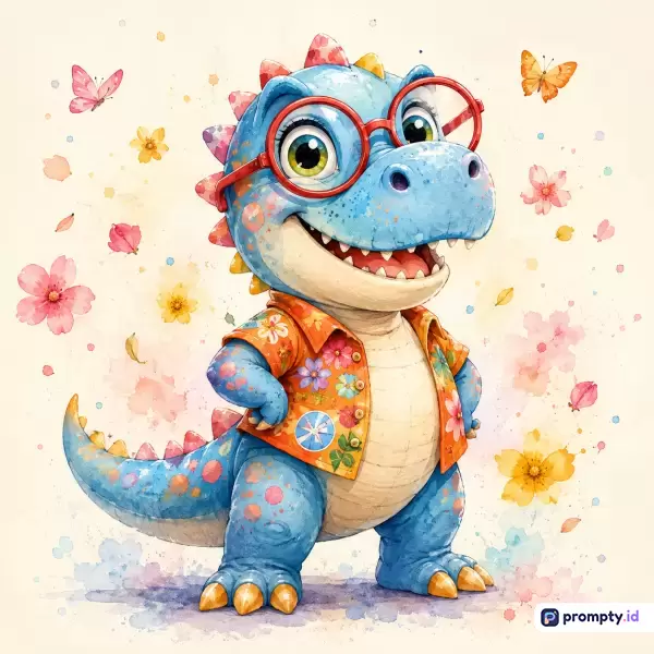 Gambar ini menampilkan ilustrasi digital bergaya cat air dengan konten karakter dinosaurus biru lucu mengenakan kacamata merah dan kemeja bermotif bunga, yang dikelilingi oleh elemen dekoratif bunga dan kupu-kupu berlatar belakang warna krem pastel, serta kata kunci dinosaurus, lucu, kacamata, cat air, dan ilustrasi anak, dengan tiga warna dominan yaitu biru, oranye, dan merah.