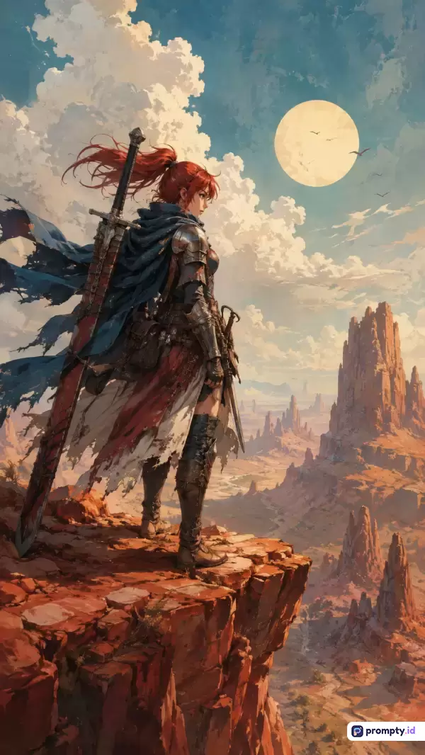 Gambar ilustrasi digital bertema fantasi petualangan ini menampilkan karakter wanita berambut merah dengan pedang besar di punggungnya, berdiri megah di atas tebing batu dengan latar langit cerah berawan dan bulan purnama, menggunakan gaya seni lukis digital epik dengan dominasi warna biru tua, jingga kecokelatan, dan putih krem, serta kata kunci ksatria wanita, tebing batu, pedang besar, fantasi epik, bulan purnama, petualangan, dan pemandangan megah.