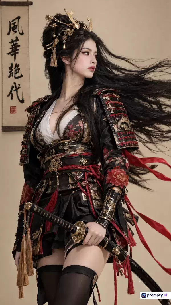 Gambar digital potret sinematik bergaya anime-realistis ini menampilkan seorang wanita pejuang Asia berambut hitam panjang tertiup angin, mengenakan zirah hitam-merah bergaya tradisional dengan detail ornamen emas yang rumit serta memegang pedang katana, yang direpresentasikan dengan kata kunci pendekar wanita, fantasi sejarah, dan estetika oriental, didominasi oleh palet warna hitam, merah tua, dan emas.