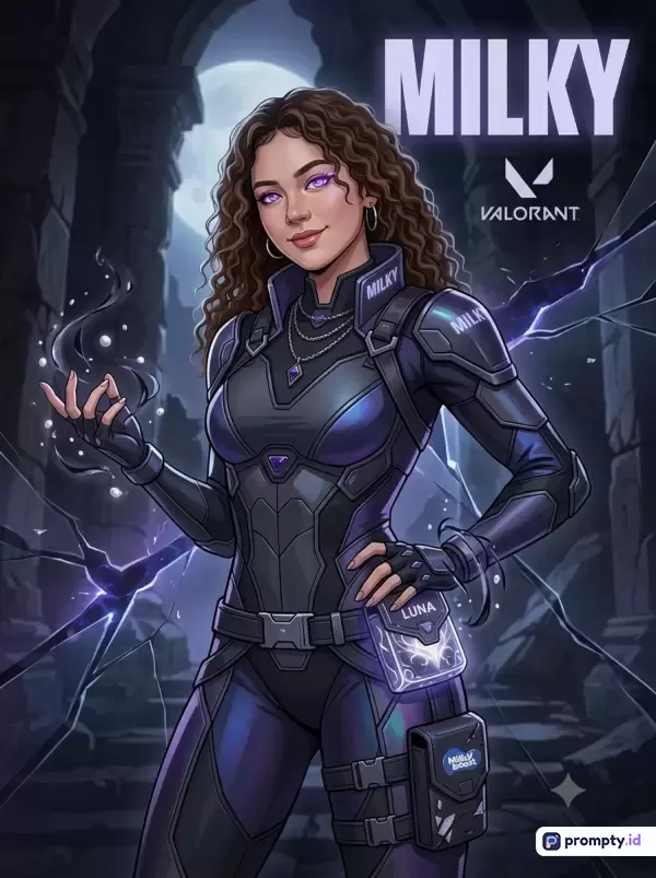 Ilustrasi digital bergaya anime/game art ini menampilkan karakter wanita berambut keriting cokelat dengan mata ungu dan kekuatan magis gelap, mengenakan armor futuristik berwarna ungu gelap dan hitam bertuliskan MILKY dalam setting reruntuhan malam hari, dengan palet warna dominan ungu, hitam, dan abu-abu, serta kata kunci Valorant, fiksi ilmiah, sihir, dan fantasi.