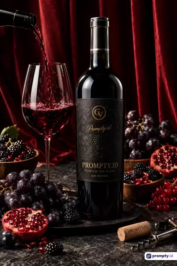 Gambar bergaya fotografi komersial mewah menampilkan botol anggur hitam elegan bertuliskan PROMPTY.ID yang dikelilingi buah beri, delima, dan anggur di atas permukaan gelap berlatar tirai merah dramatis, dengan kata kunci: wine, botol, gelas, merah, anggur, mewah, buah, delima, minuman, elegan; serta tiga warna dominan yaitu merah marun, hitam, dan cokelat gelap.